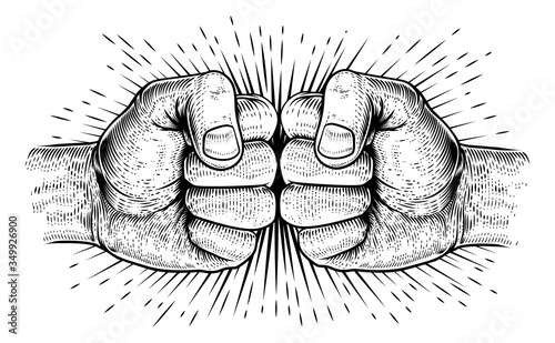 Two hands fist bump punch fists in a vintage woodcut style