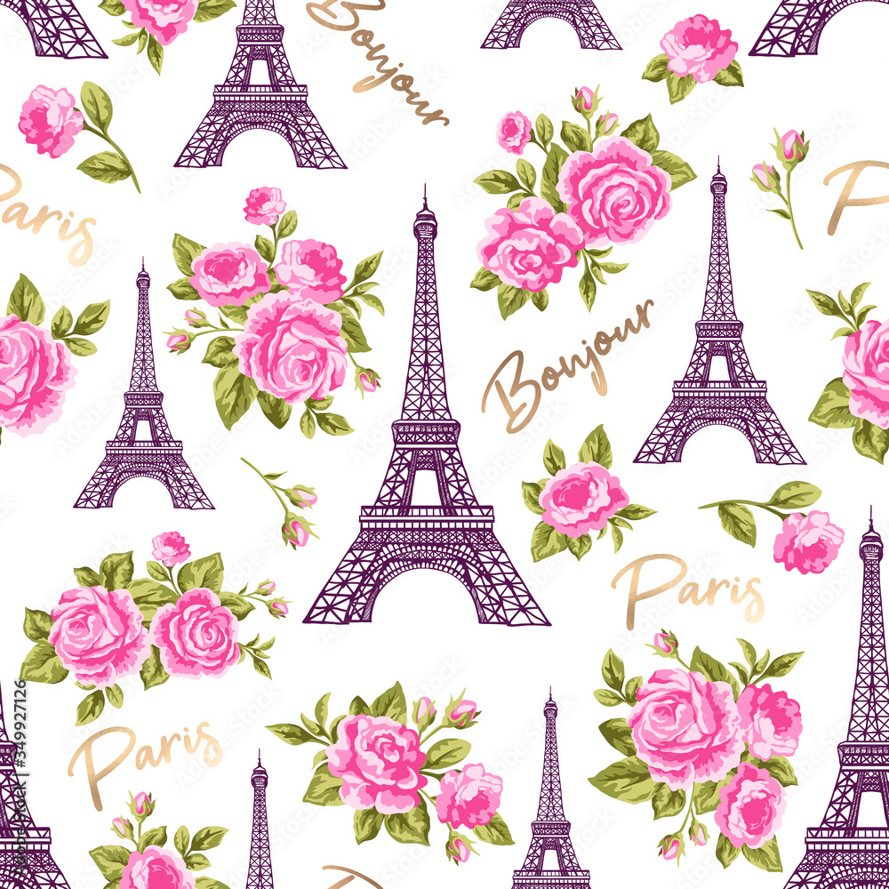 Bonjour Paris seamless pattern with Eiffel Tower, gold lettering and pink roses flowers. France symbol on white background