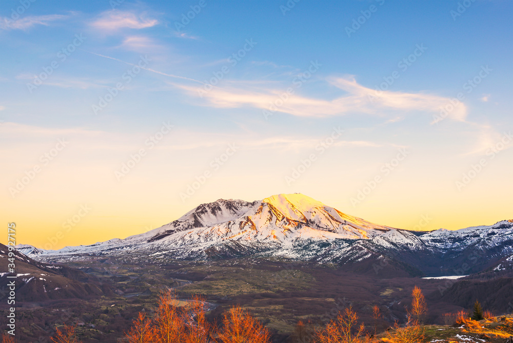 scenic view of mt st Helens with snow covered in winter when sunset ,Mount St. Helens National Volcanic Monument,Washington,usa.