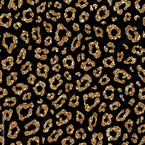 Fashion seamless pattern with gold glitter leopard fur. Sparkle animal skin on black background
