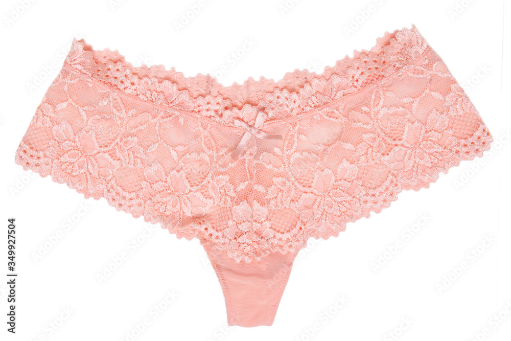 Underwear woman isolated. Close-up of luxurious elegant pink lacy thongs panties isolated on a white background. Underwear fashion. Front view. Underwear woman isolated. Close-up of luxurious elegant pink lacy thongs panties isolated on a white background. Underwear fashion. Front view.