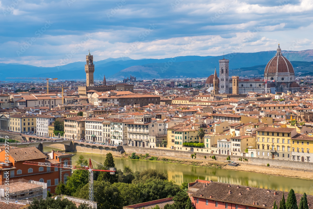 View of Florence Skyline with Ponte Vecchio and Santa Maria del Fiore Duomo, Tuscany, Italy