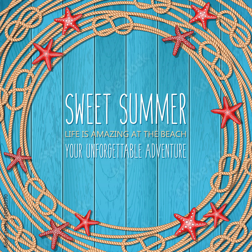 Summer nautical blue background with wooden planks, starfishes, ropes and marine knots