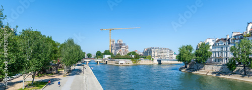 Panoramic of Notre Dame de Paris cathedral reconstruction site in May 2020.