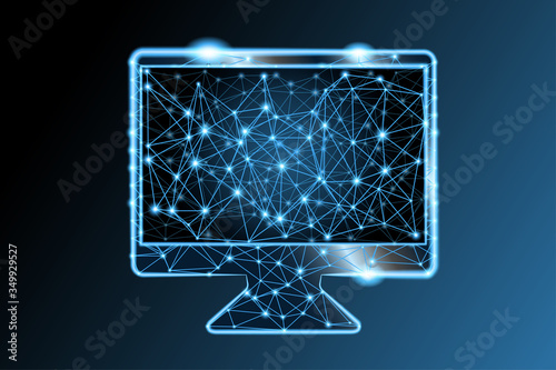 Empty low poly style computer monitor with luminous lines and dots