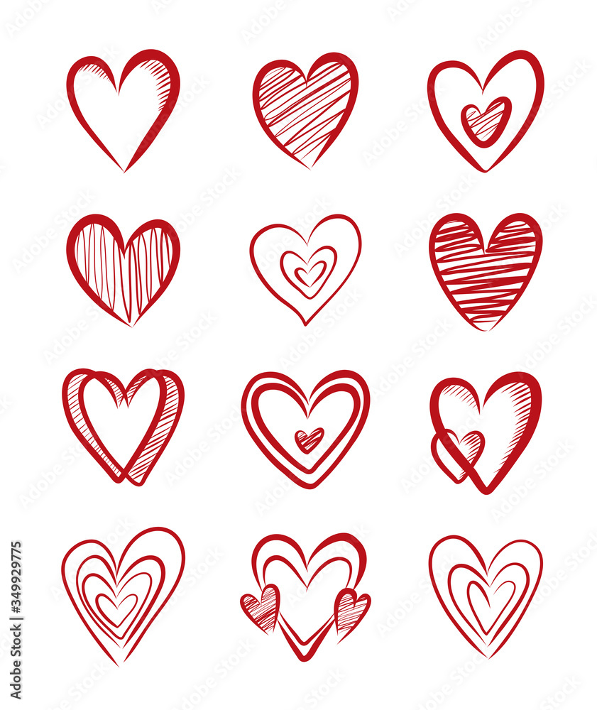 Heart symbols isolated on a white background. Red hand drawn icons for love, wedding, Valentine's day or other romantic design. Set of 12 various shapes. Vector illustration.