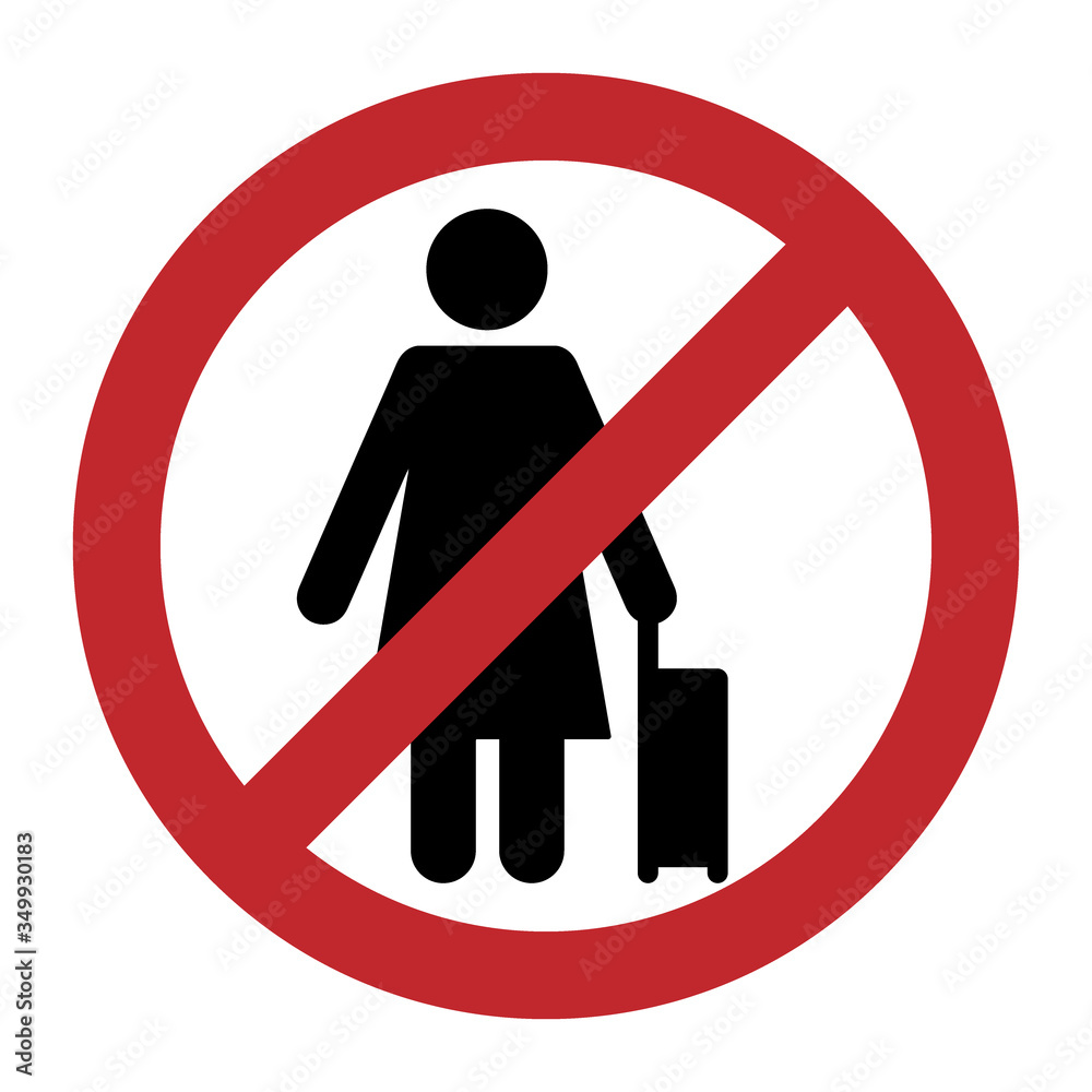 Travel ban icon. Woman with suitcase for travel closed sign. Restriction, prohibition on movement. Adventure with luggage. Vector illustration Travel ban icon. Woman with suitcase for travel closed sign. Restriction, prohibition on movement. Adventure with luggage. Vector illustration