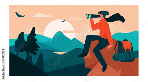 The girl traveler sitting on top of a cliff, looking at the valley in a binoculars from a height. Nature trips, discovery, hiking, adventure tourism and travel. Creative flat vector illustration.