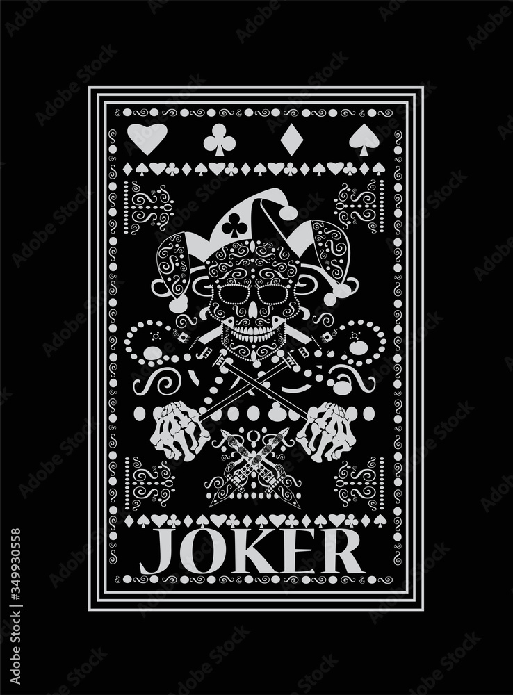 Joker playing card . Ornament skull black and white. 