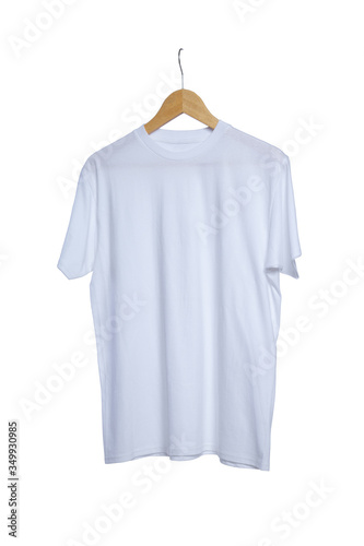 Blank t shirt white color on wood hanger isolated on white background, ready for mock up template © DendraCreative