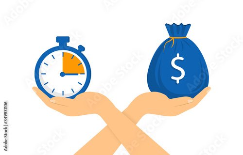 Time is money. The comparison in one hand is a stopwatch, and in the other a money bag. Vector flat design.