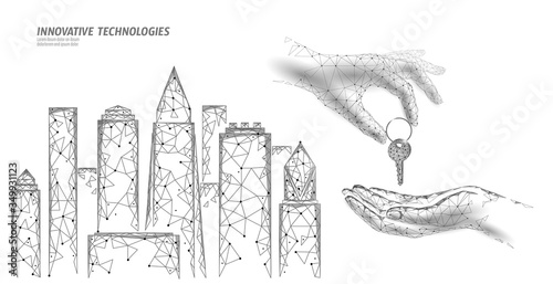 New building residential complex. Seller house door keys. Sale real estate apartment home access. Sell concept vector illustration