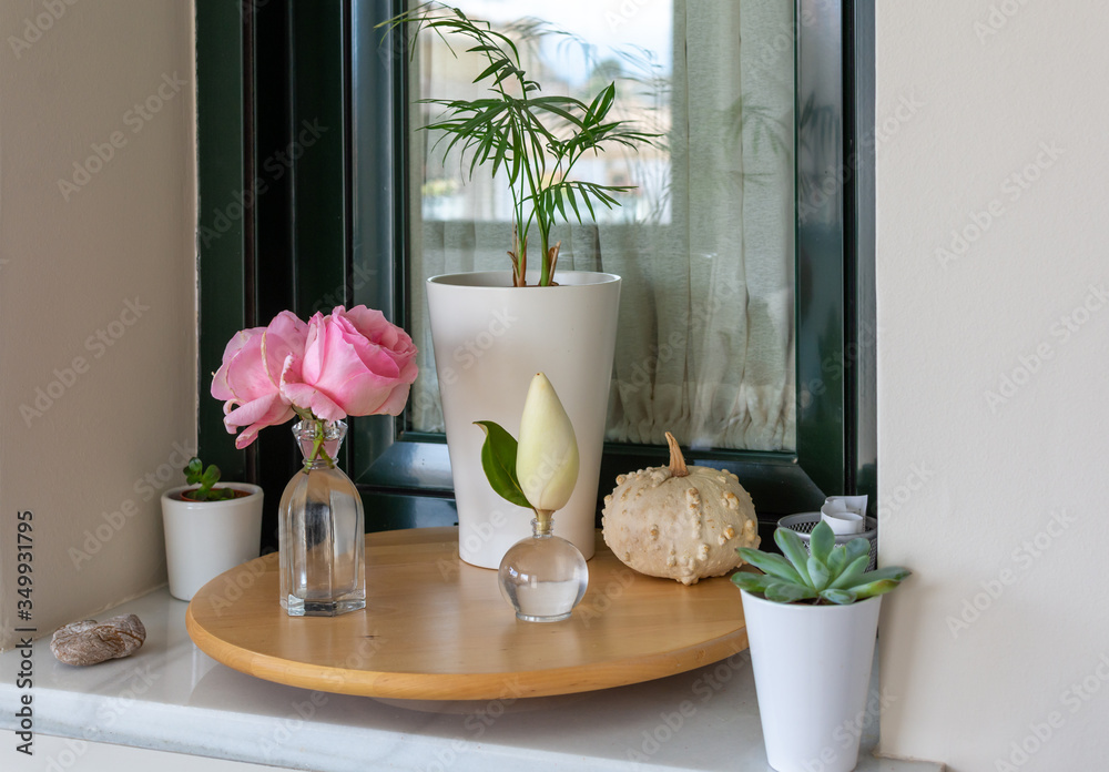 Indoor decoration on a window sill: magnolia flower bud and pink roses in glass vases next to a dried pumpkin and a heart-shaped stone