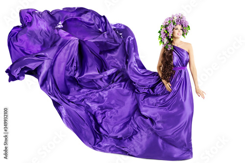 Woman Lilac Wreath, Silk Purple Dress Fluttering on Win, Beautiful Fashion Gown Waving on White