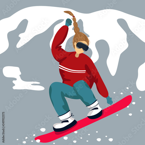 Girl snowboarding in the mountains. Winter sports illustration. Extreme holidays activities vector card. Trendy flat style