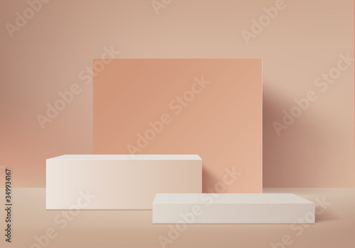 Abstract minimal scene with geometrical forms. Background vector 3d cream colors rendering with podium. Abstract background. Scene to show cosmetic podructs. Showcase, shopfront, 3d render vector.
