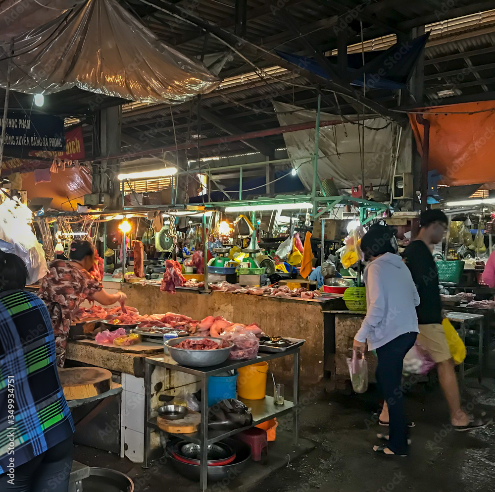 Colorful Wet Fish Market Selling Raw Seafood and Meat 
 - Fishmonger Outdoor 