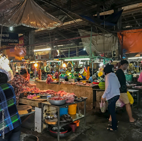 Vászonkép Colorful Wet Fish Market Selling Raw Seafood and Meat 
 - Fishmonger Outdoor