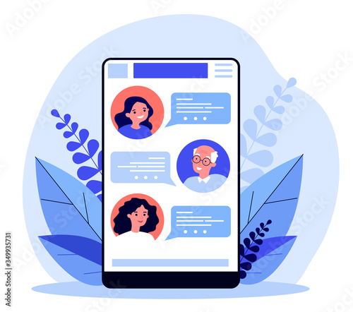 Online family chat. Children using smartphone app or messenger for grandpa texting flat vector illustration. Social distance, lockdown concept for banner, website design or landing web page