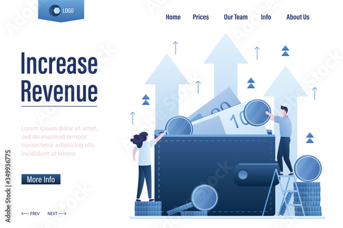 Increase revenue landing page template. Wallet full of money. High interest rate. Growing quotes, raise capital,
