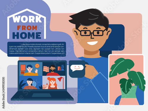 Work from home concept. Young people, mаn and womаn freelancers making conference meeting and working on laptops or computers at home and   Cartoon vector in flat style.