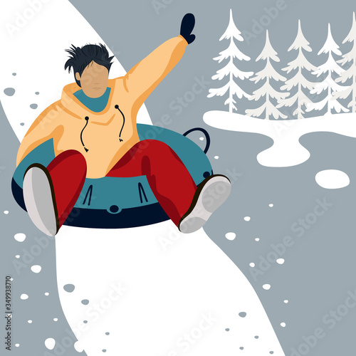 Boy rolls down the mountain on a tubing. Winter sports illustration. Extreme holidays activities vector card. Trendy flat style.