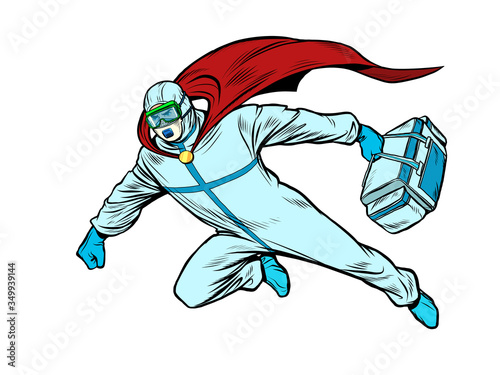 superhero doctor man flies to the rescue with a medicine cabinet in protective suit, epidemic