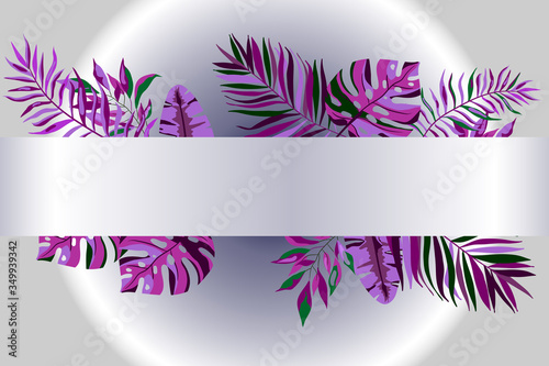 Purple floral frame. Tropical leaves.