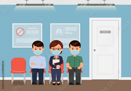 Clinic waiting room. Patients in face masks waiting for reception to the doctor.