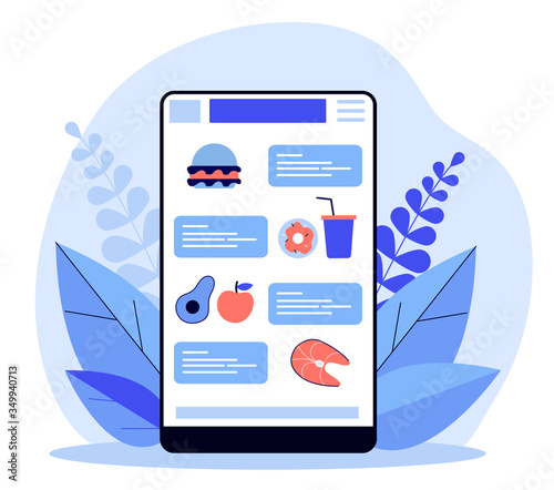 Food order application. Online chat interface with products and takeaway drink icons flat vector illustration. Service, food delivery concept for banner, website design or landing web page