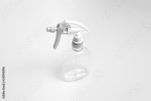 Spray Dispenser Pump Plastic Bottle on white background.Plastic spray gun.Top view.High-resolution photo.