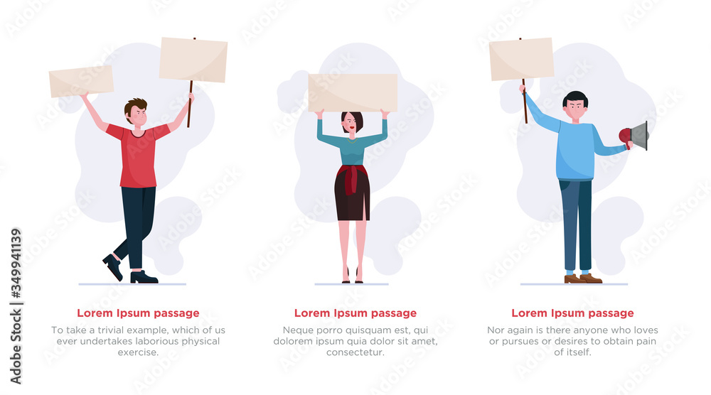 People standing with placard and megaphone set. Activist, protester, picket flat illustration. Activism, crisis, conflict, protest concept for banner, website design or landing web page