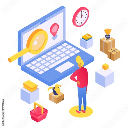 Fast delivery and reliable packaging goods, boxes for goods, service transportation parcels, cartoon style vector illustration. Male courier distributes packages, items in isometry isolated on white.