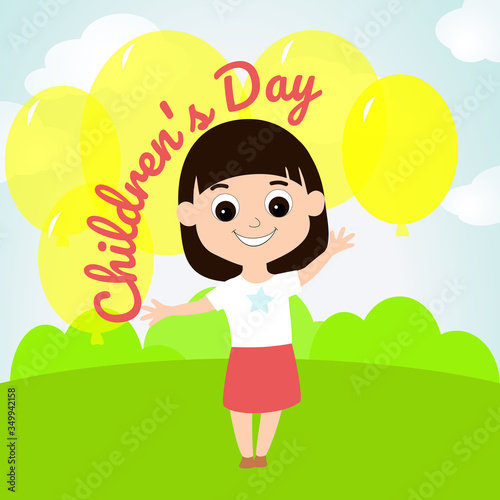 Little adorable girl smiles and waves her hand. The child has brown hair and eyes  a square haircut  the girl is wearing a blue shirt and a red skirt. Illustration i for a children s holiday.