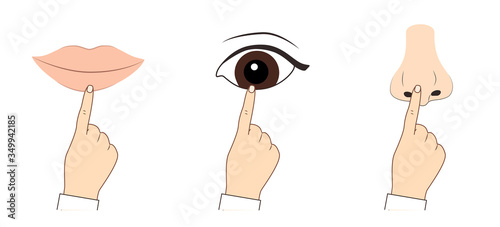 The index finger touches the lips, eyes and nose. Vector  illustration what cannot be done so as not to get infected with coronavirus, flu, infection, pandemic.