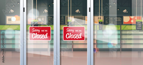 closed sign hanging outside grocery store with empty shelves coronavirus pandemic quarantine bankruptcy commerce crisis concept horizontal vector illustration