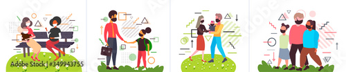 set people walking outdoors wearing medical masks to prevent coronavirus pandemic covid-19 quarantine concept horizontal full length vector illustration