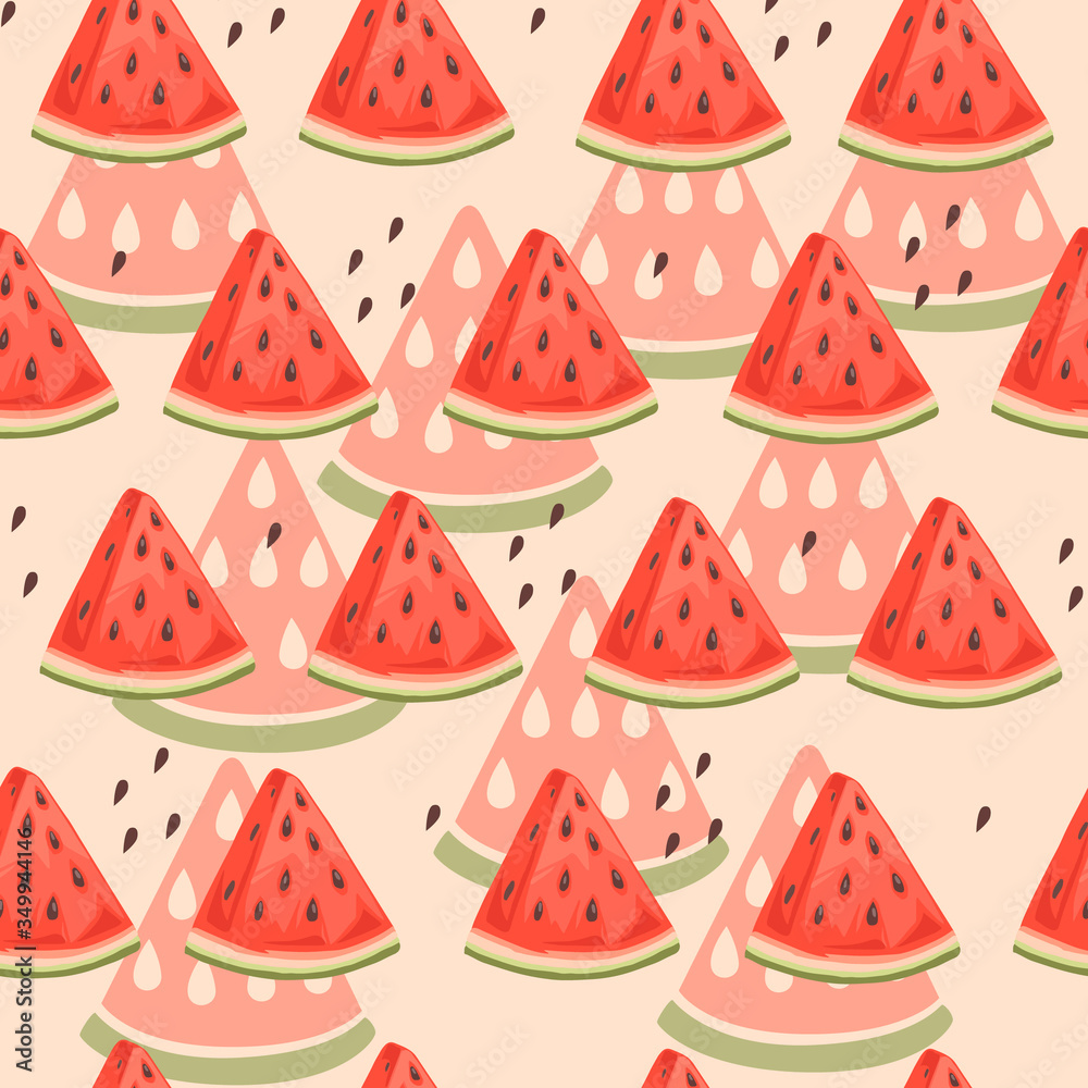 Seamless pattern of chopped slices of watermelon with seeds flat vector illustration on beige background Seamless pattern of chopped slices of watermelon with seeds flat vector illustration on beige background