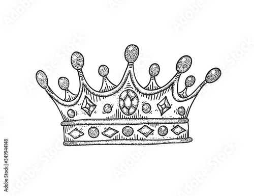 Vector drawing of a crown with stones. Black and white illustration.