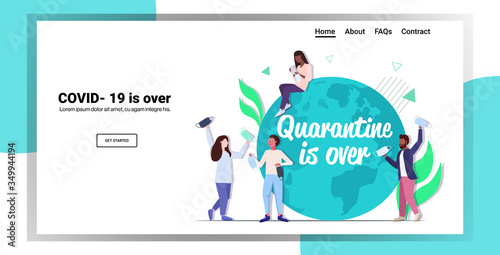 mix race men women near globe quarantine is ending coronavirus win people celebrating victory over covid-19 virus concept horizontal copy space full length vector illustration