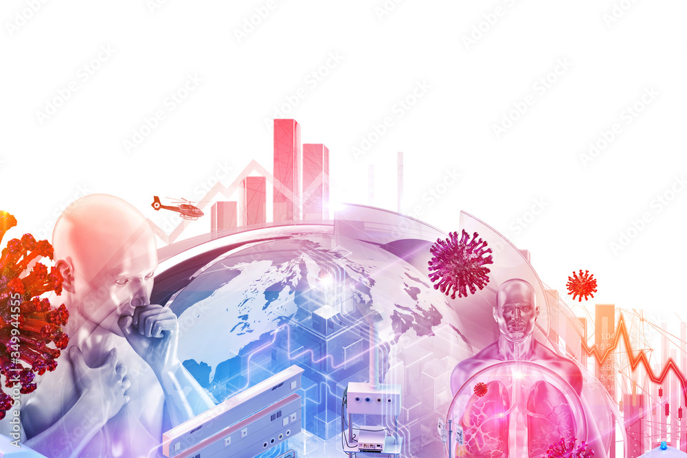 Φωτογραφία Coronavirus SARS-CoV-2 covid-19 3D collage design background: coronavirus ncov covid 19 cells, patient, stock exchange economy market data
