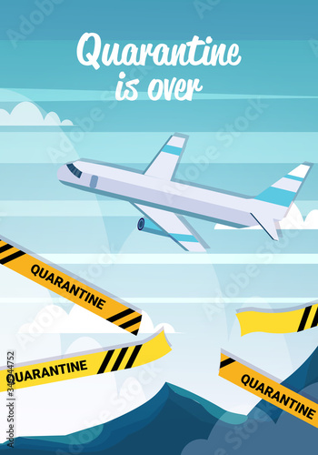 airplane flying in sky cut yellow tape coronavirus quarantine is over covid-19 virus pandemic ending concept lettering vertical vector illustration