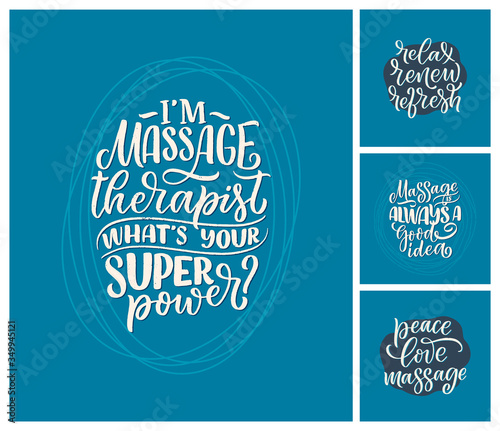 Set with fun slogans about massage. Lettering typography quotes. Hand drawn inspirational, motivational poster. Cosmetology print, badge, logo, tag. Vector