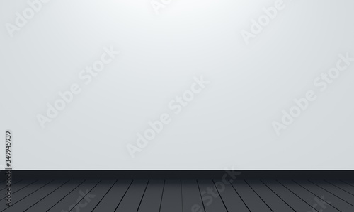 Empty white room with overhead lighting and black wooden floor. Backdrop design for product promotion. 3d rendering