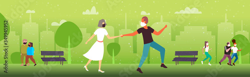 people walking outdoors in park wearing medical masks to prevent coronavirus pandemic covid-19 quarantine concept cityscape background horizontal full length vector illustration