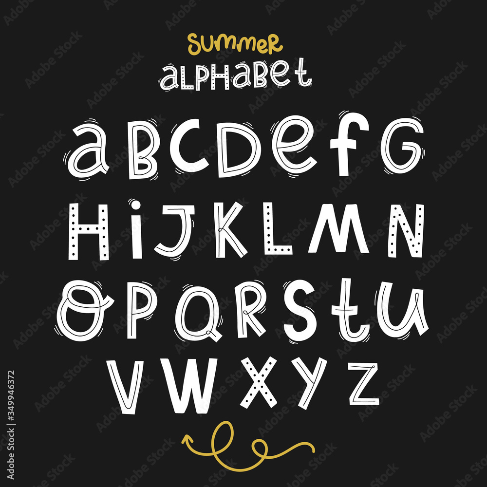 set latin summer alphabet, lettering hand drawing calligraphy, vector illustration