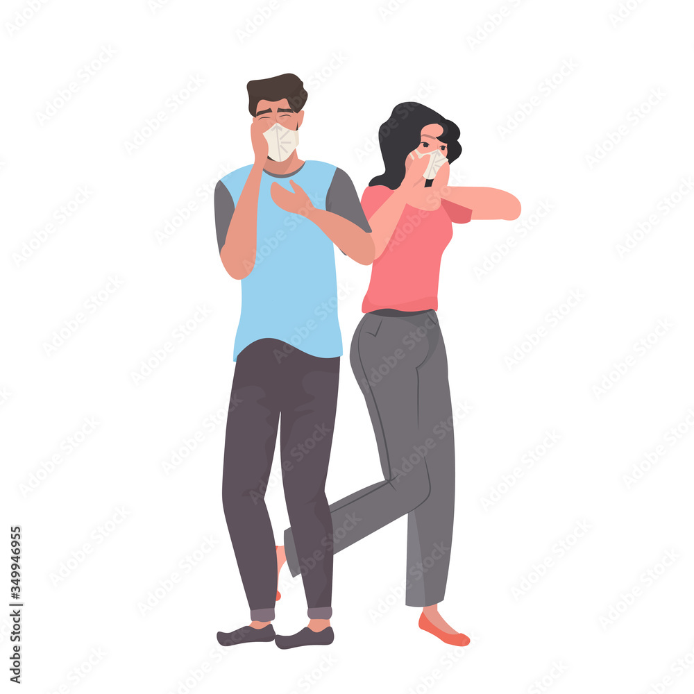 couple in medical masks coughing man woman having illness symptoms of coronavirus infection covid-19 pandemic quarantine concept full length vector illustration couple in medical masks coughing man woman having illness symptoms of coronavirus infection covid-19 pandemic quarantine concept full length vector illustration