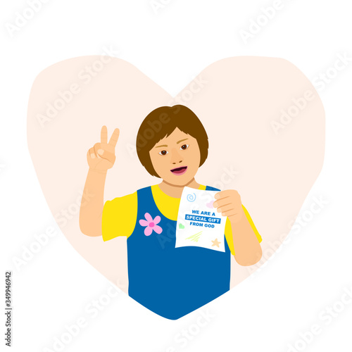 Cute down syndrome girl smile and showing peace gesture with right hand, and holding a paper with left hand illustration.