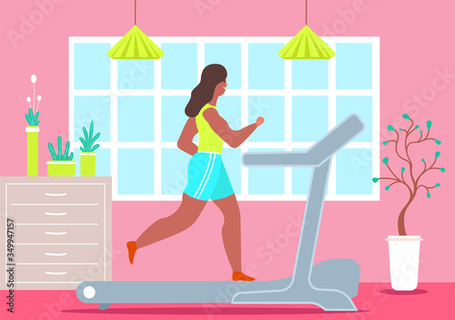 Girl treadmill at home. Happy woman jogging during quarantine treadmill at home sports girl is jogging her apartment front larger window. Color vector flat graphics.