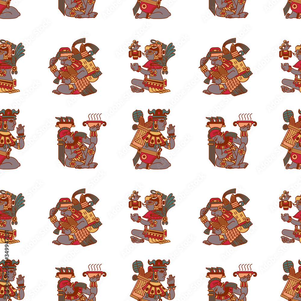Aztec cacao seamless pattern design. Line art style. Vector illustration.